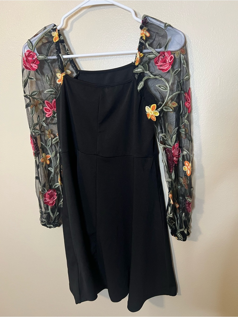 Shein Black Mini Dress With Sheer Mesh Embroidered Floral Long Sleeves